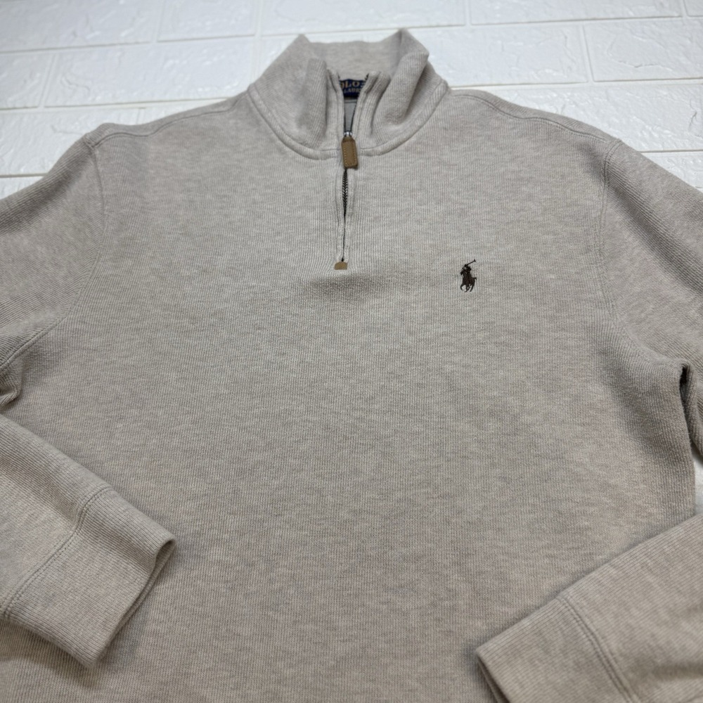 Polo Ralph Lauren Men XL Beige Rib Pullover 1/4 Zip Soft Cotton Sweater